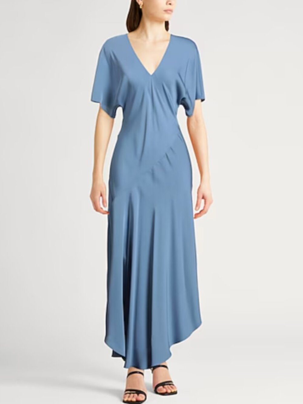 Theory Project 100% Silk V-Neck Short Sleeve Asymmetric Midi Maxi Dress Blue S